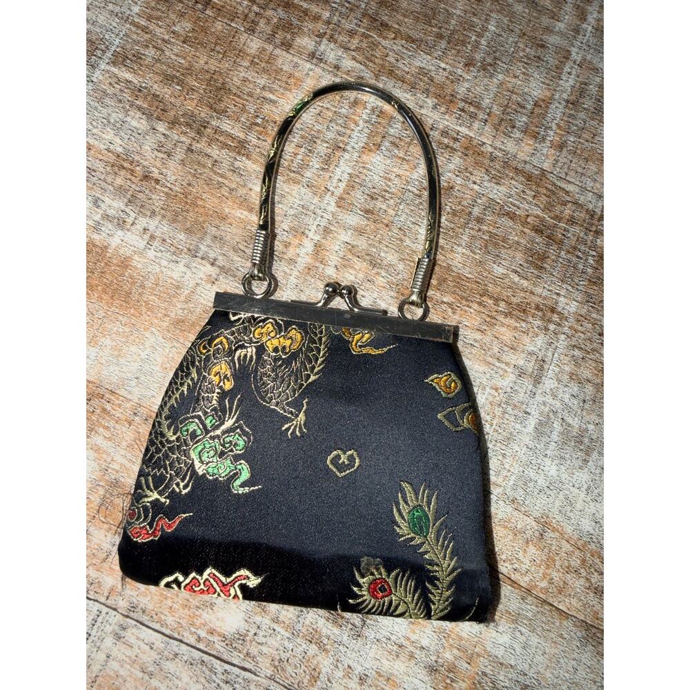 Black Gold Floral Tapestry Needlepoint Clutch Purse with Kiss Lock Satin Small